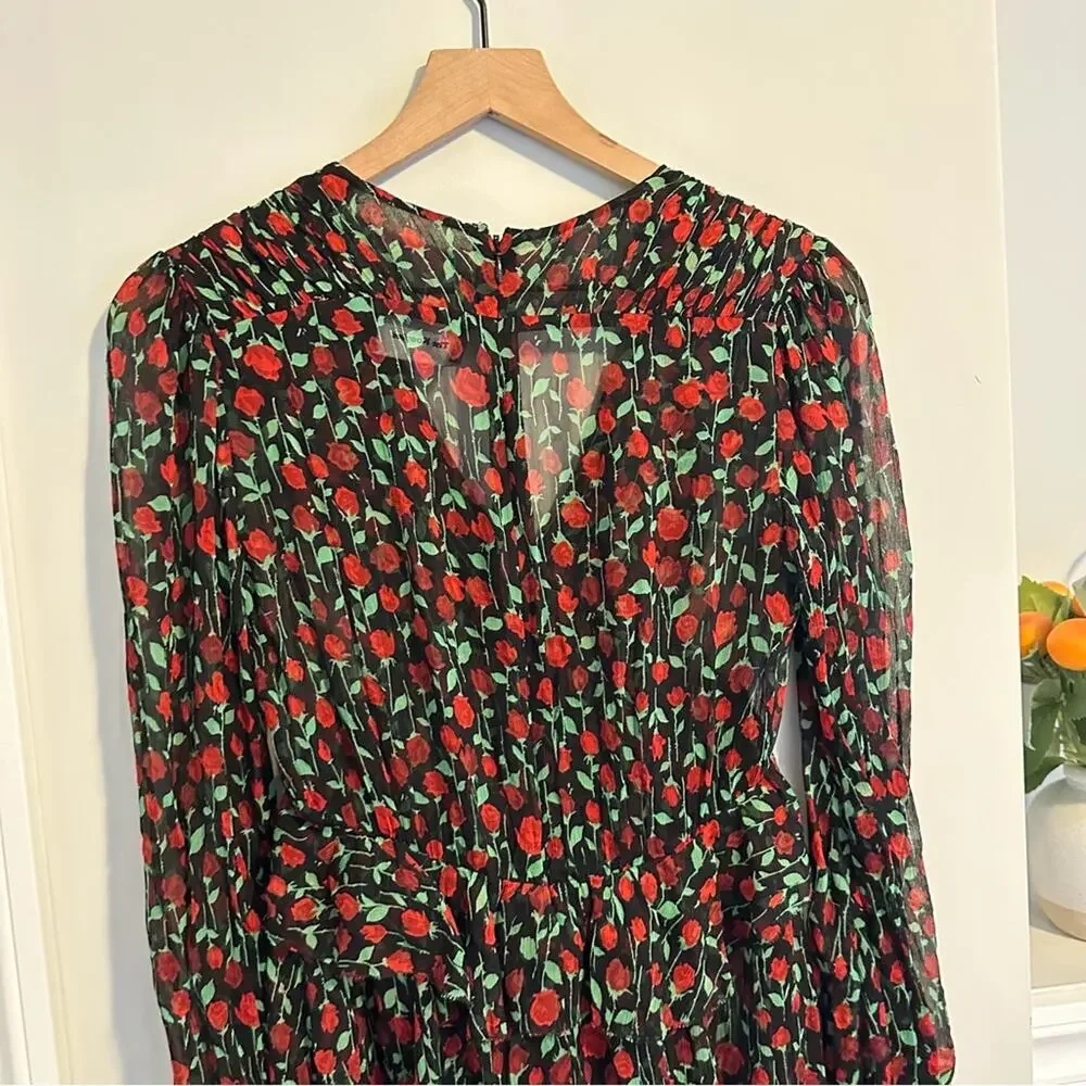 The Kooples Black Red Floral Silk Long Sleeve Mini Dress Small
